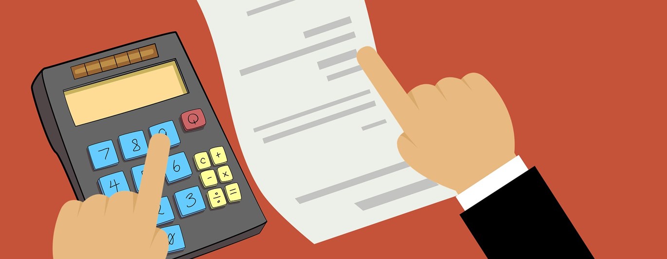 Grafisk bild som visar en kalkylator och ekonomisk uträkning.