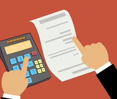 Grafisk bild som visar en kalkylator och ekonomisk uträkning.