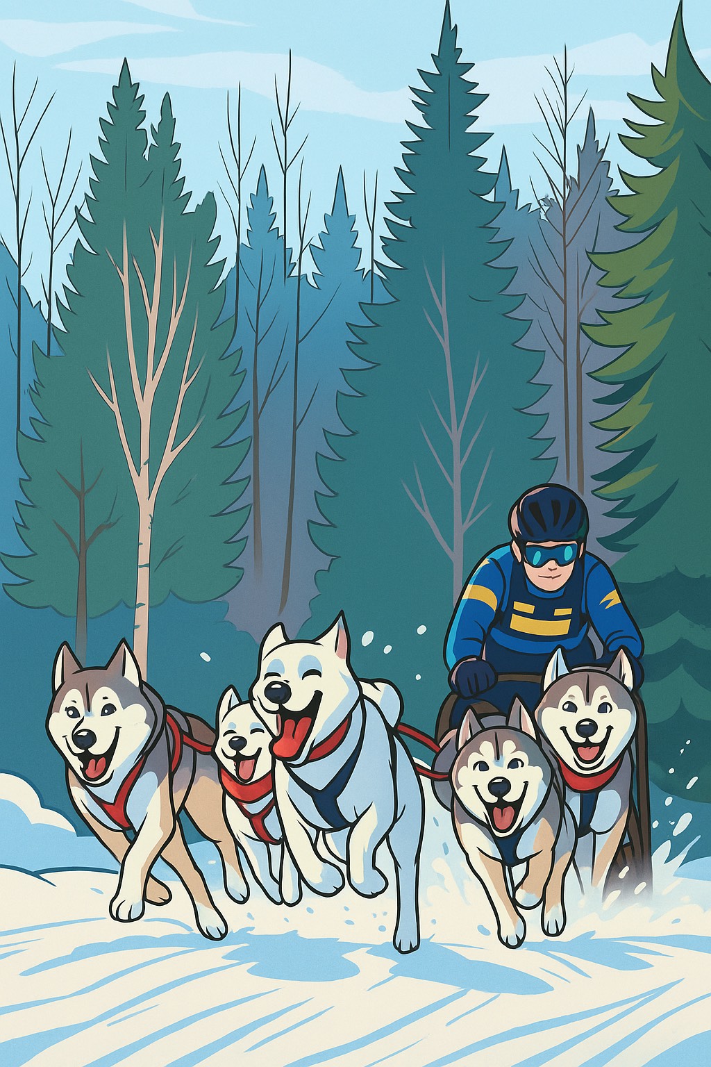 Tecknad bild på draghundssport i snö