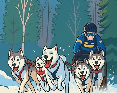 Tecknad bild på draghundssport i snö