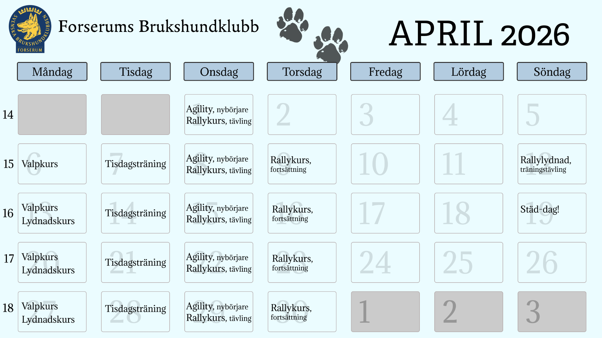 Kalender över april vad som händer var dag på klubben