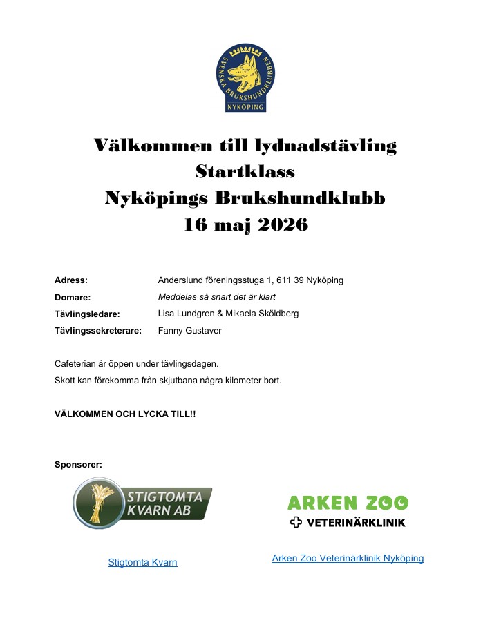 Inbjudan till tävling i lydnad startklass 16 maj 2026