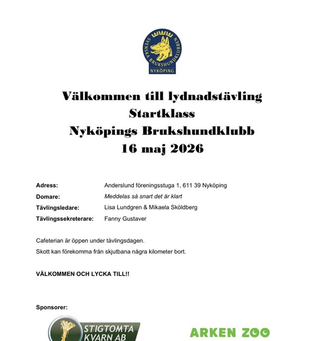 Inbjudan till tävling i lydnad startklass 16 maj 2026