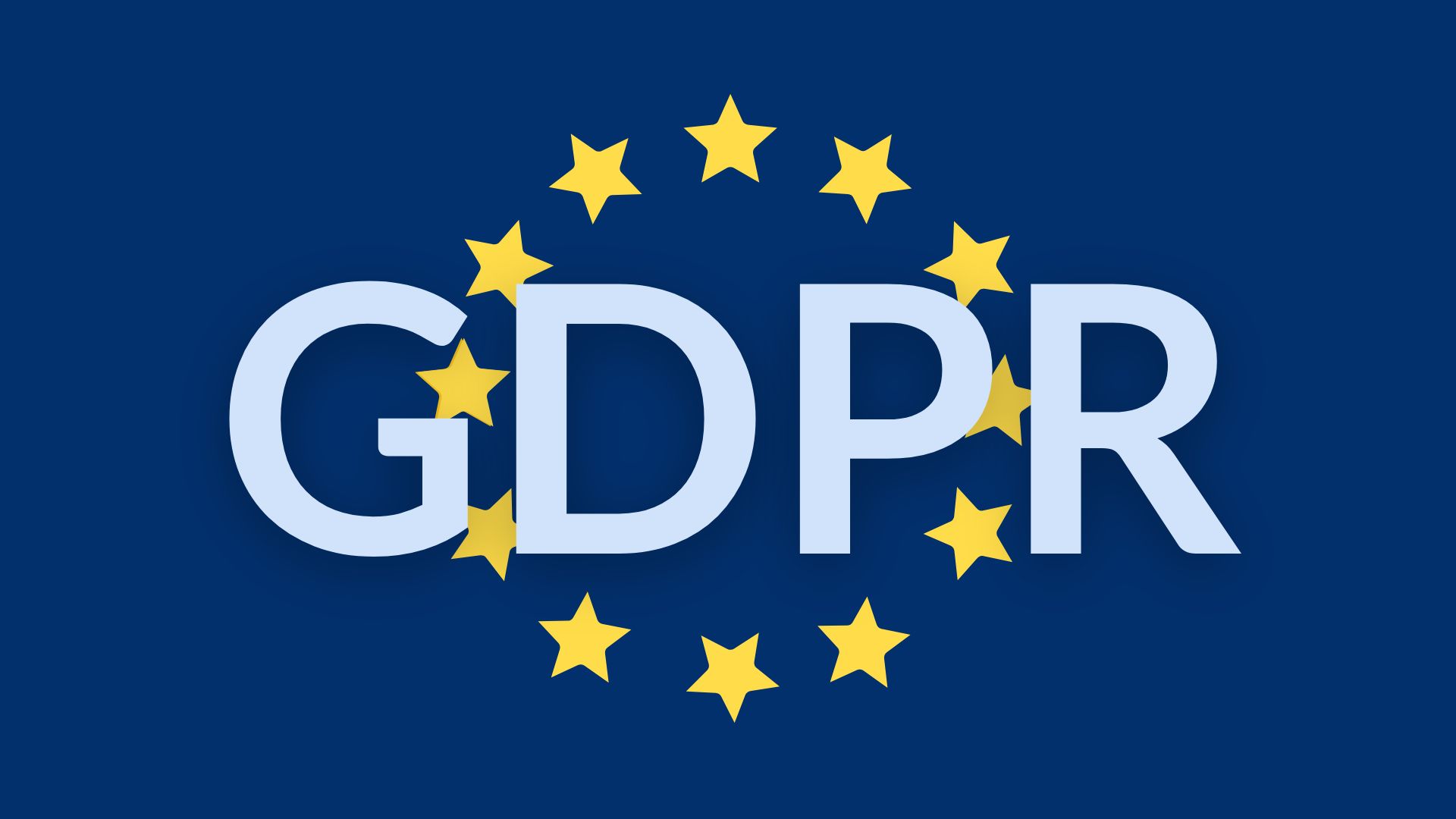 Blå bakgrund med gula stjärnor i en ring med texten GDPR