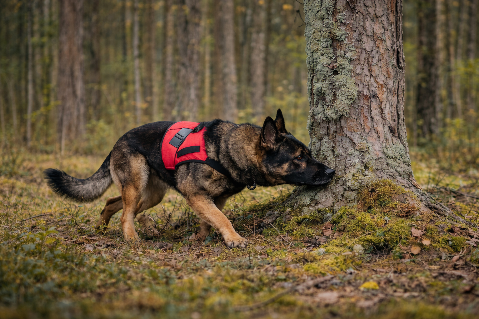 Schäfer som söker i skogen