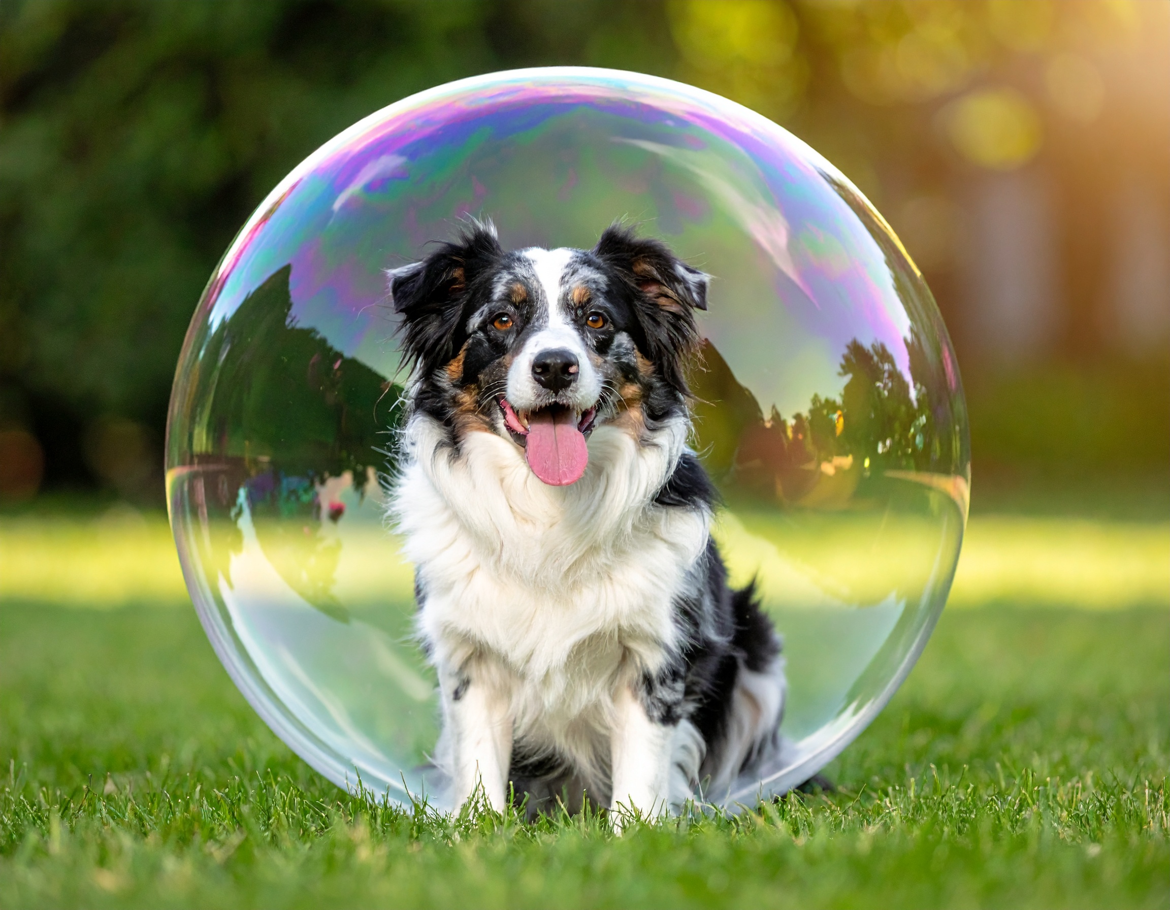 En svartvit hund sitter inuti en bubbla