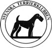 Svartvit logga för svenska terrierklubben. På Bilden syns en svart terrier.