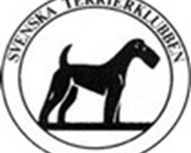 Svartvit logga för svenska terrierklubben. På Bilden syns en svart terrier.