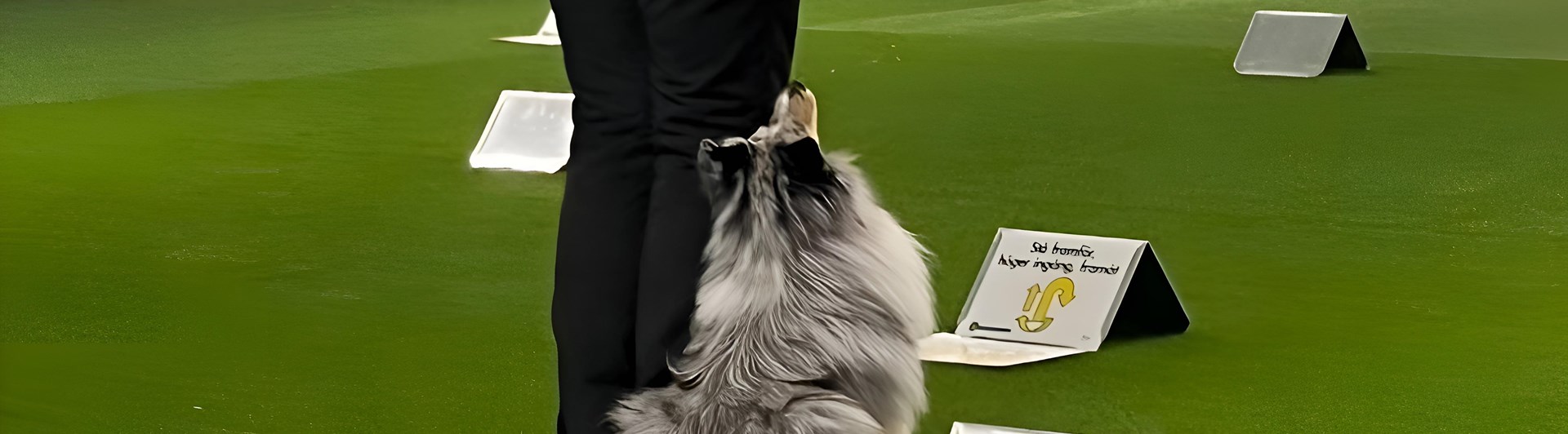 Rallyträning med Shetland sheepdog inomhus i hundhall