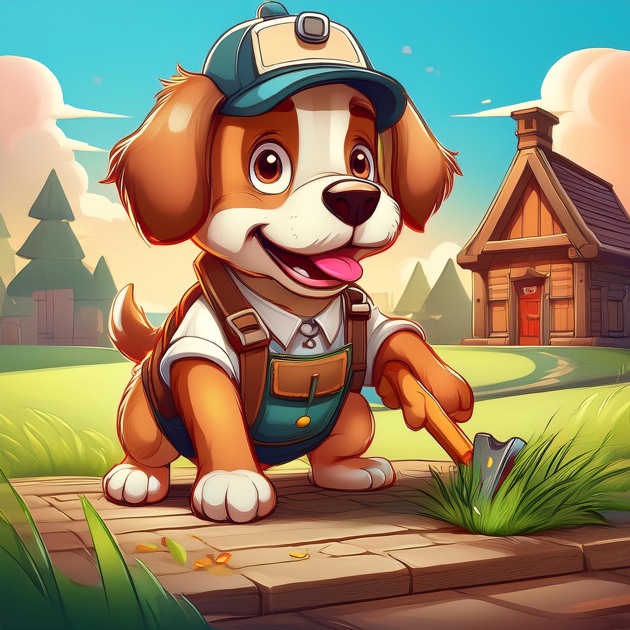 Tecknad hund som fixar kring stuga