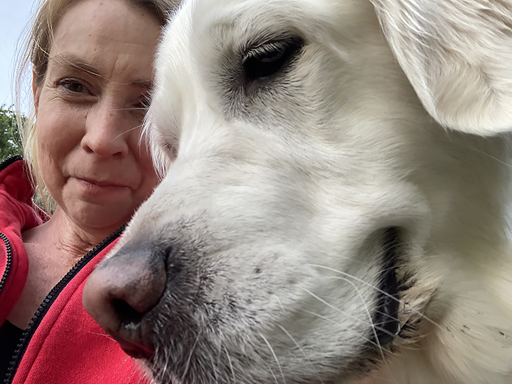 Anna Erlandsson, självporträtt, med golden retriever närmast kameran.
