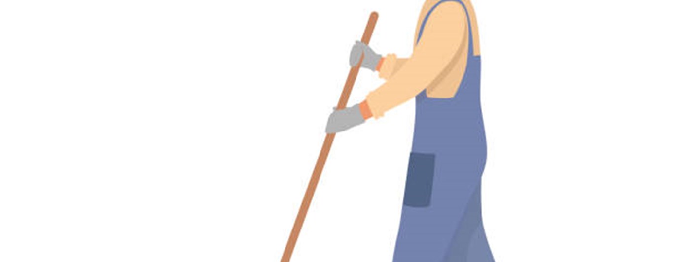 Tecknad man som krattar löv