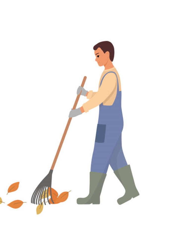 Tecknad man som krattar löv