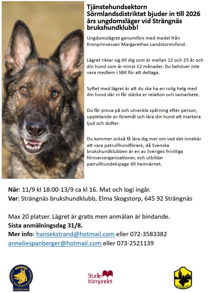 Ungdomslägret genomförs med medel från Kronprinsessan Margarethas Landstormsfond.

Lägret riktar sig till dig som är mellan 12 och 25 år och din hund som är minst 12 månader. Du behöver inte vara medlem i SBK för att deltaga. Syftet med lägret är att du ska ha en rolig helg med din hund där ni får stärka er reltion och samarbete. 

Du får prova på och utveckla spårning efter person, uppletande av föremål och lära din hund att markera ljud och dofter. Du kommer också få lära dig mer om vad det innebär att vara patrullhundförare, då Svenska  brukshundklubben är en av Sveriges frivilliga försvarsorganisationer, och utbildar patrullhundekipage till hemvärnet.