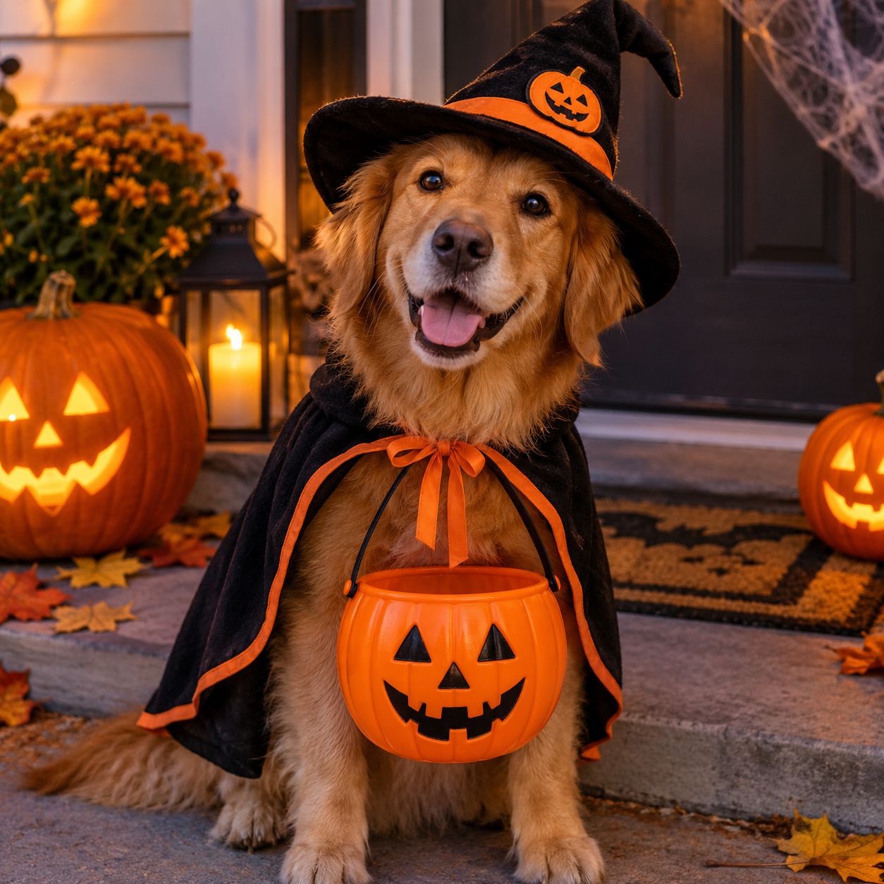 Golden retriver hund som är halloween utklädd