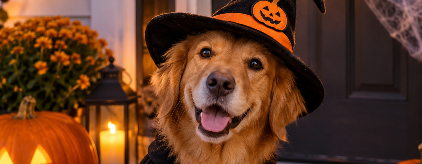 Golden retriver hund som är halloween utklädd