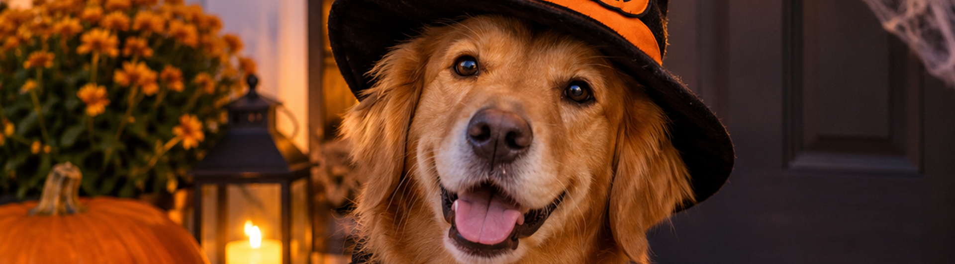 Golden retriver hund som är halloween utklädd