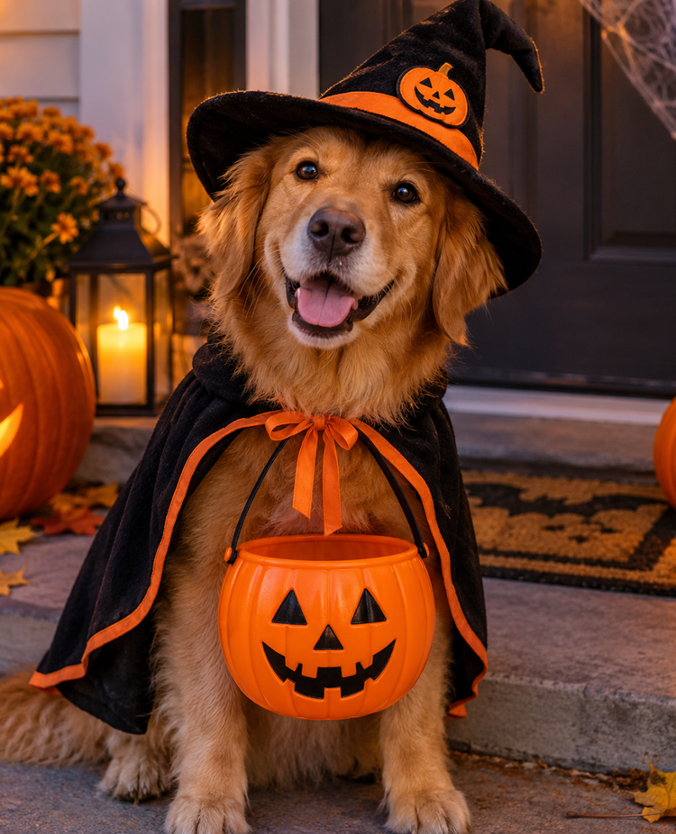 Golden retriver hund som är halloween utklädd