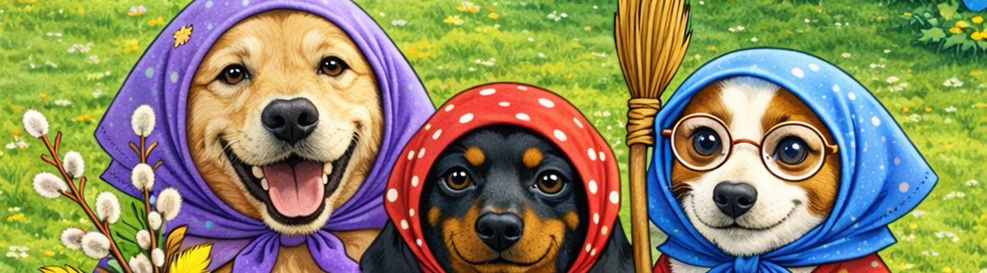 Tecknade hundar klädda som påskkärringar