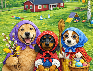 Tecknade hundar klädda som påskkärringar