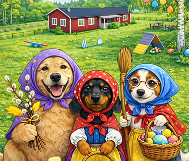 Tecknade hundar klädda som påskkärringar