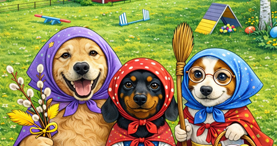 Tecknade hundar klädda som påskkärringar