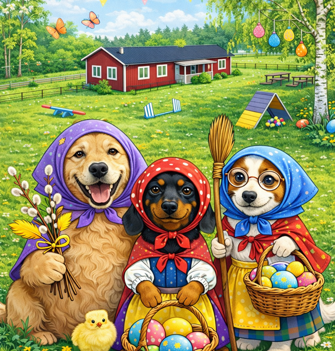 Tecknade hundar klädda som påskkärringar