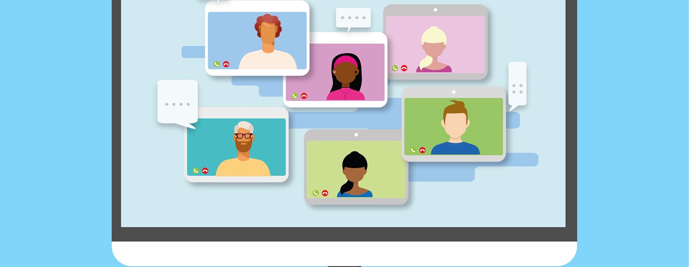Bild som visar videokonferens i grafik med fiktiva personer.