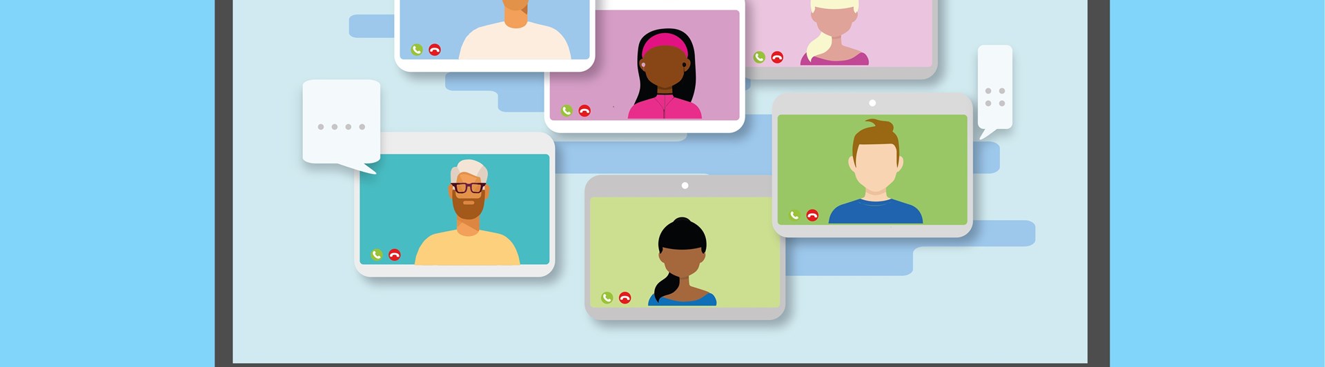 Bild som visar videokonferens i grafik med fiktiva personer.