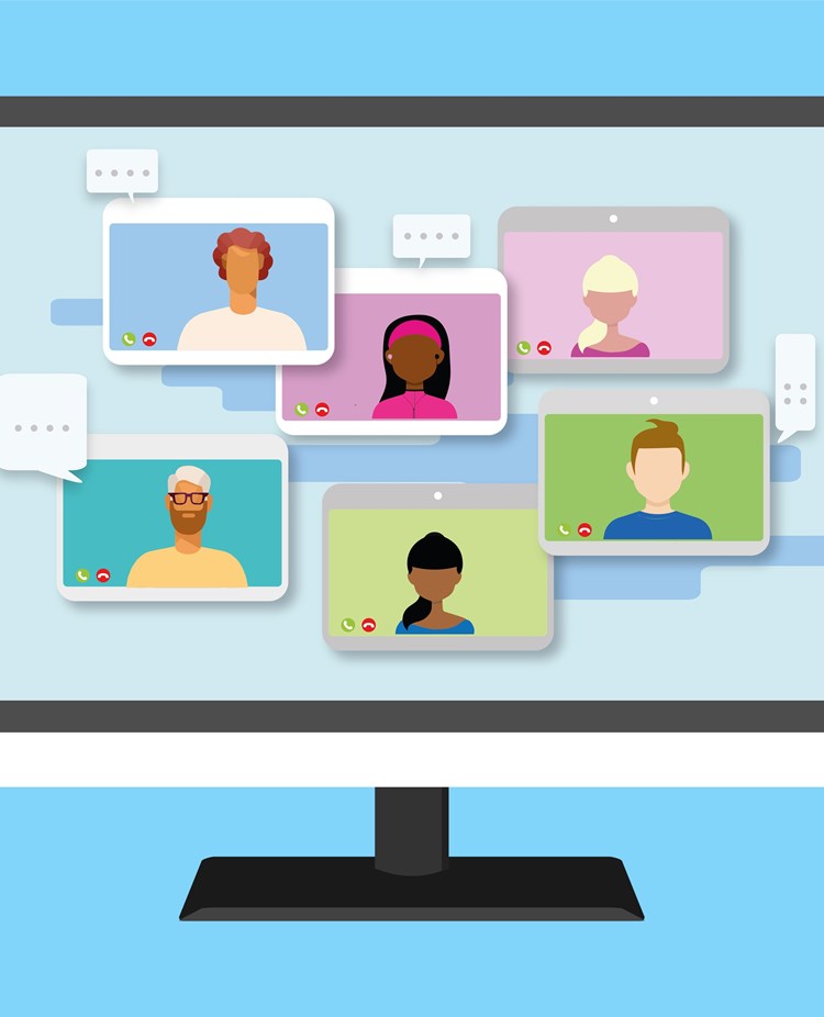 Bild som visar videokonferens i grafik med fiktiva personer.