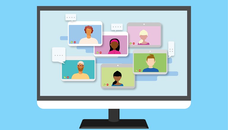 Bild som visar videokonferens i grafik med fiktiva personer.