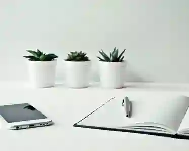 Bild som visar ett skrivbord med ett anteckningsbok, penna, mobil och tre blomkrukor.