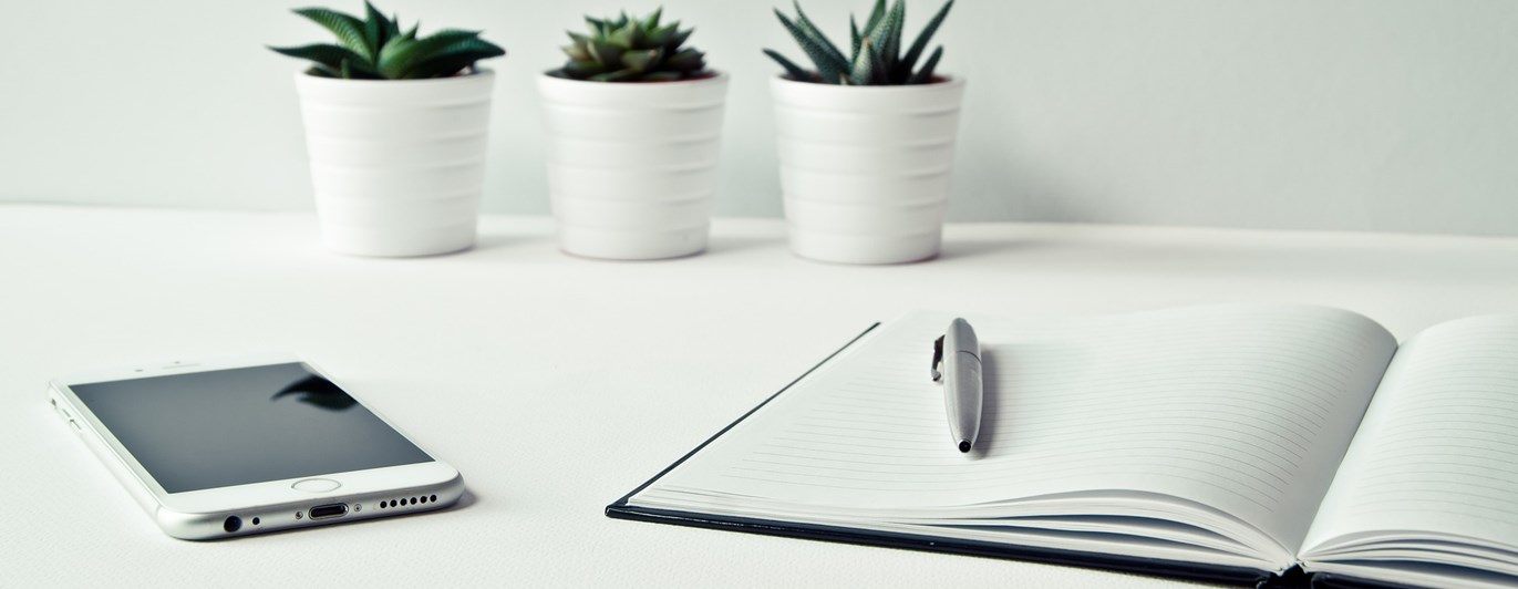 Bild som visar ett skrivbord med ett anteckningsbok, penna, mobil och tre blomkrukor.