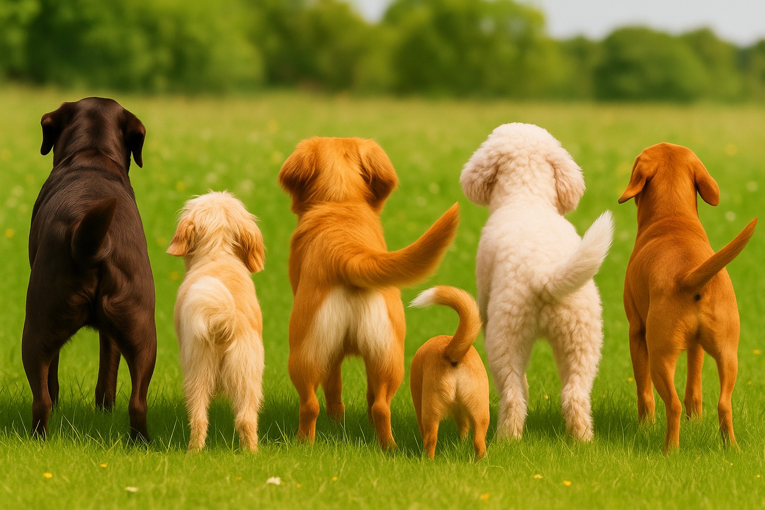 Hundar som står och viftar på sina svansar