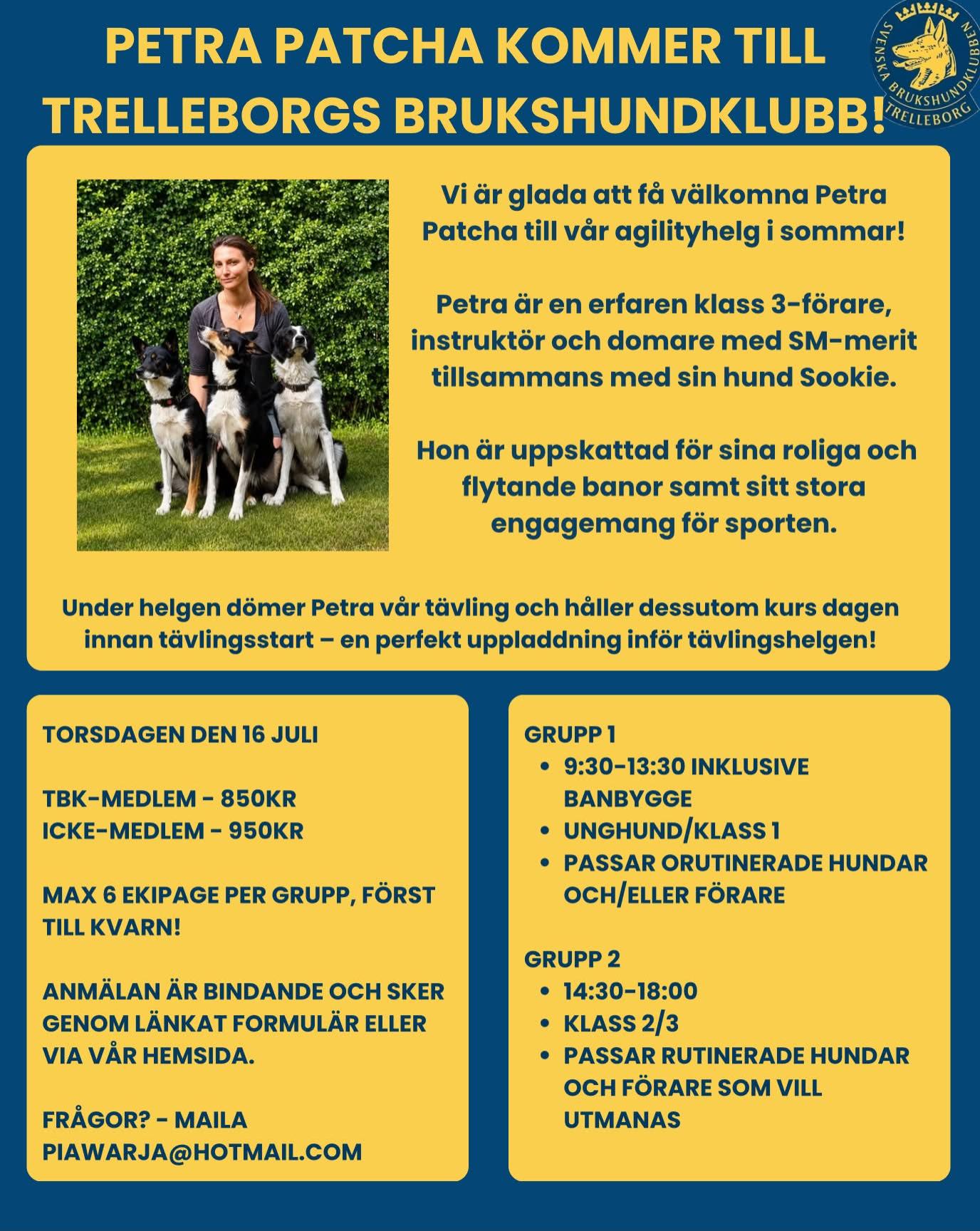Inbjudan till agilitykurs med Petra Patcha