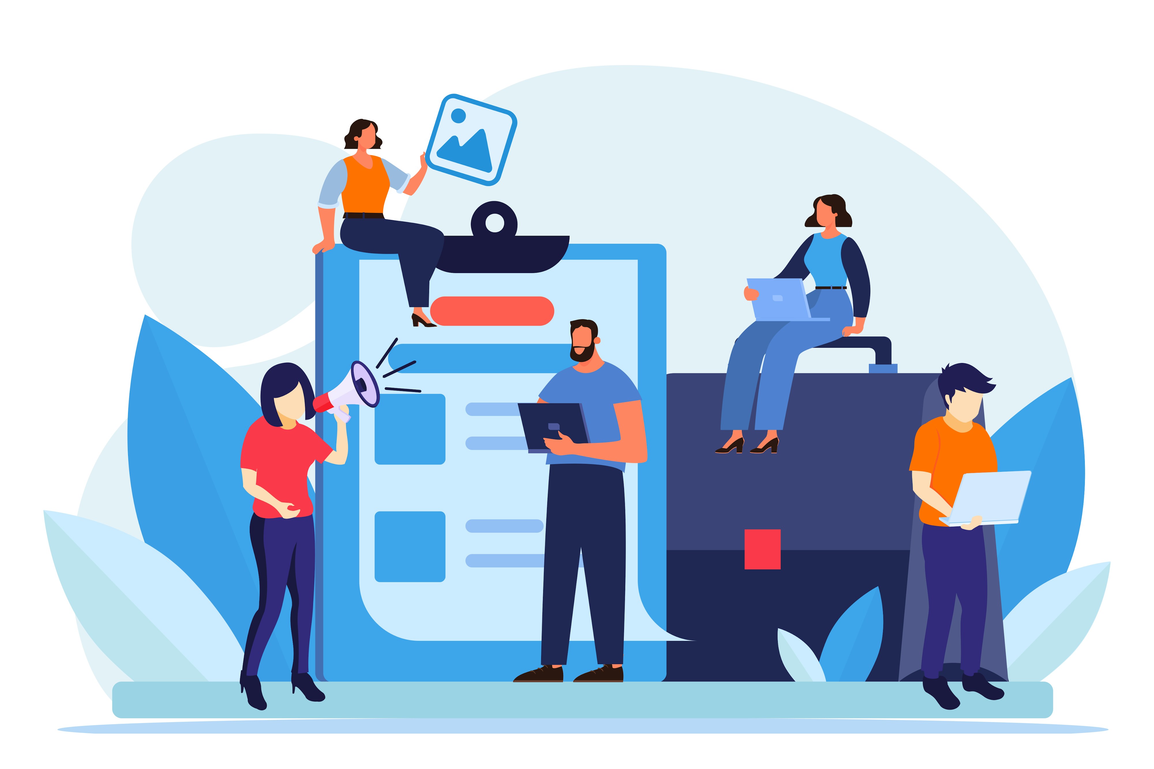 Tecknade människor med olika uppgifter