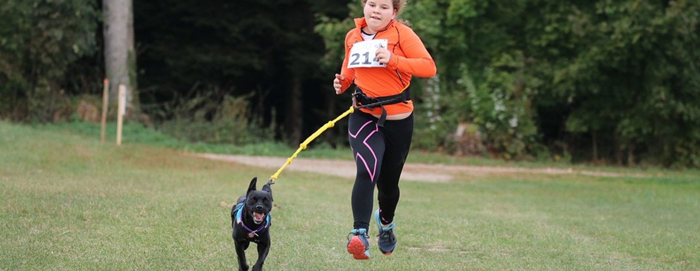 Ung flicka som springer med draghund