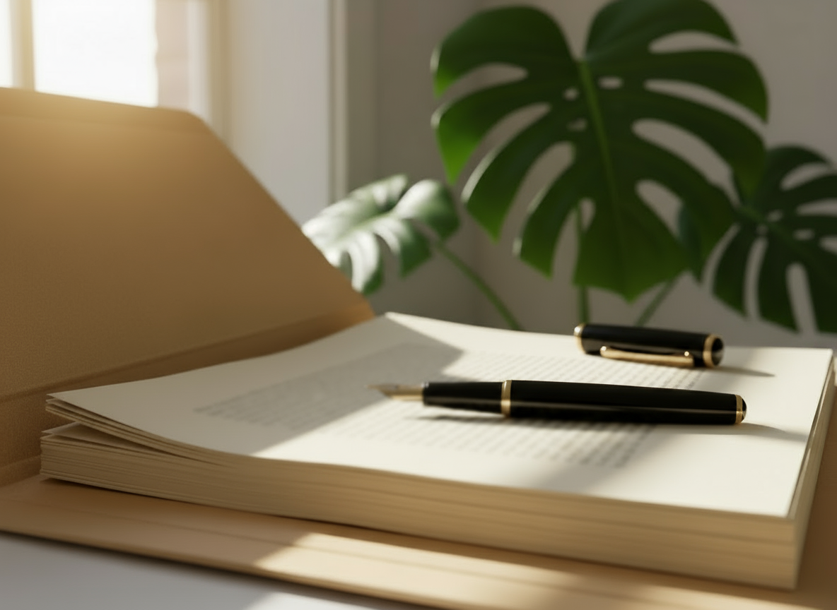 Bild på en mapp med dokument, bläckpenna, växt i bakgrunden