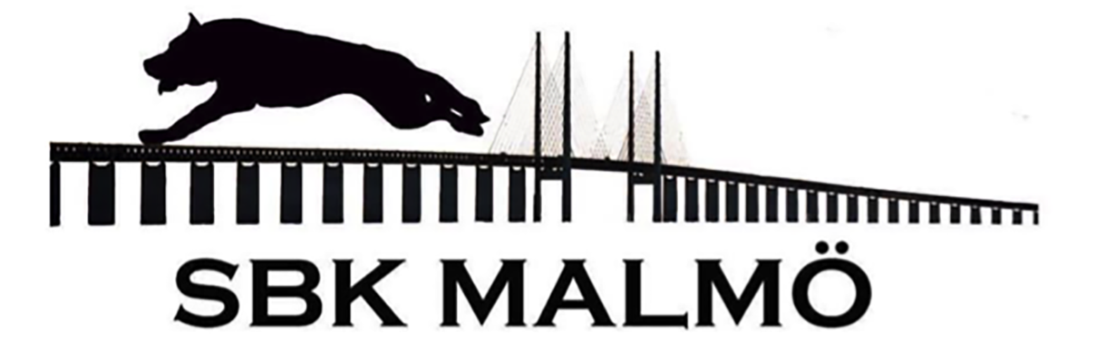 Svart-vit teckning av schäfer som hoppar över Öresundsbron; SBK Malmö text under bron.