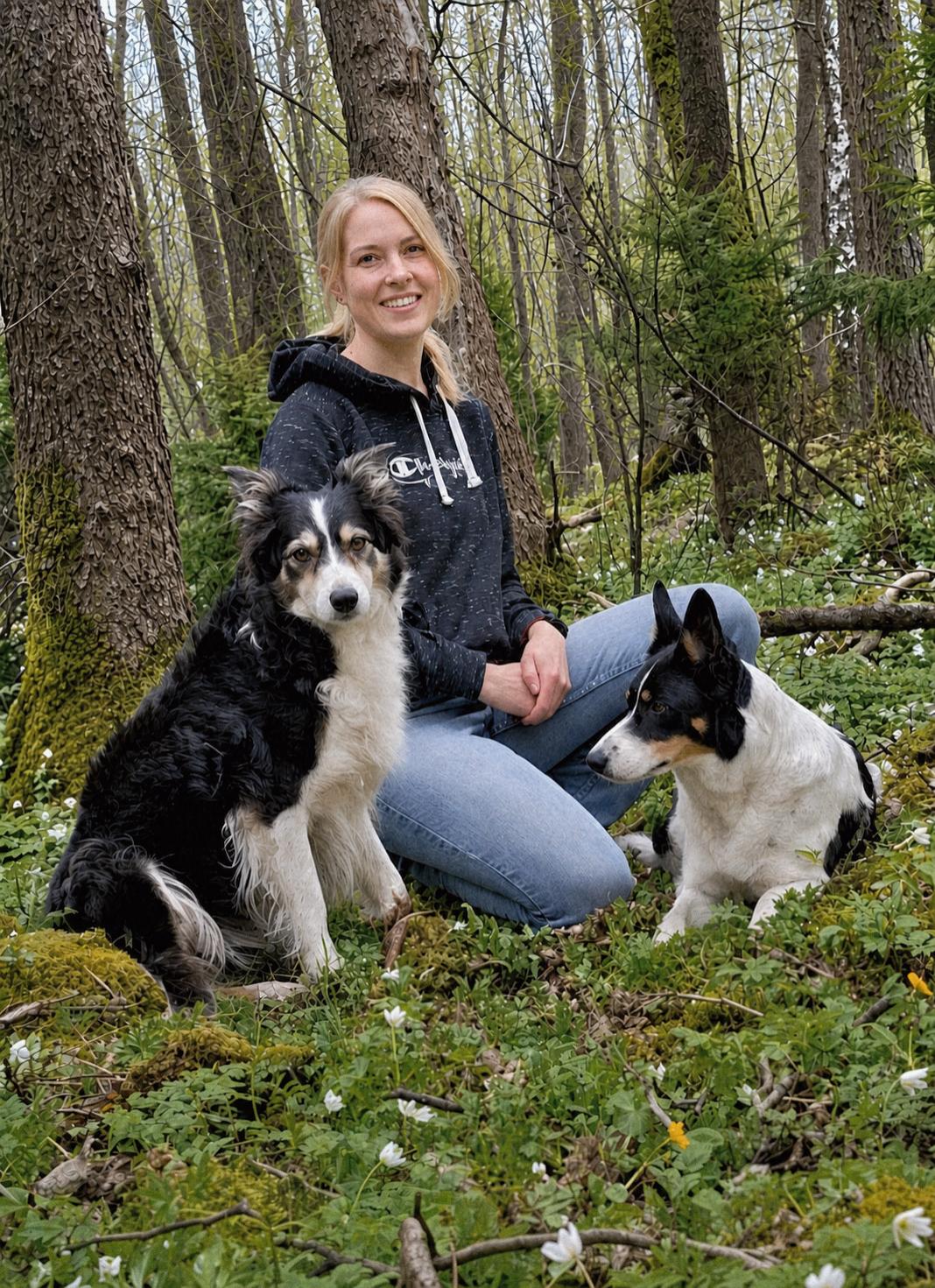Malin Olsson sitter i skogen med sina två hundar av rasen border collie