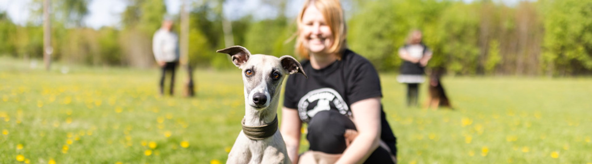 Whippet som tittar in i kameran. Matte sitter bakom, tittar på hunden och ler.