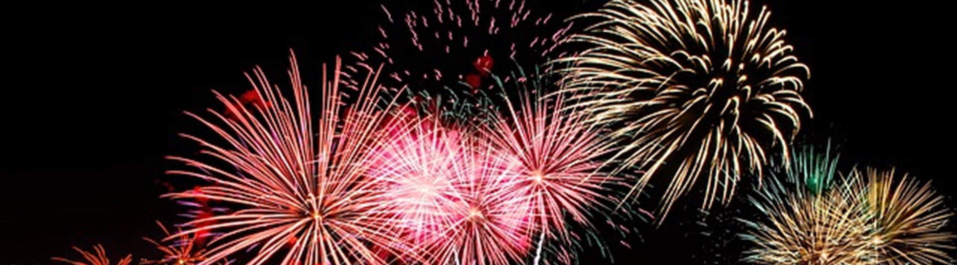 Fyverkerier på en mörk himmel i olika toner av rosa och guld.