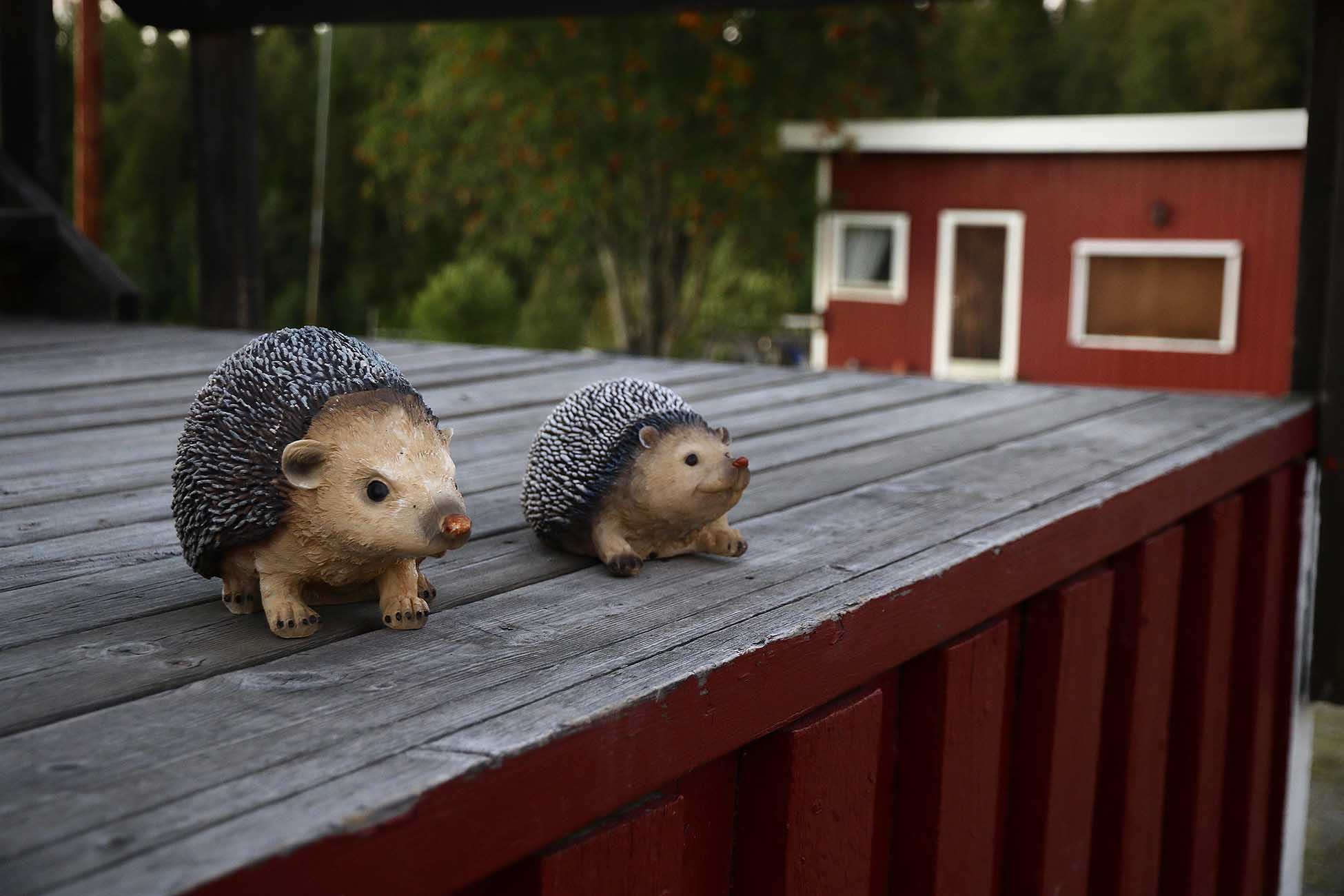 Två små prydnadsigelkottar på altan