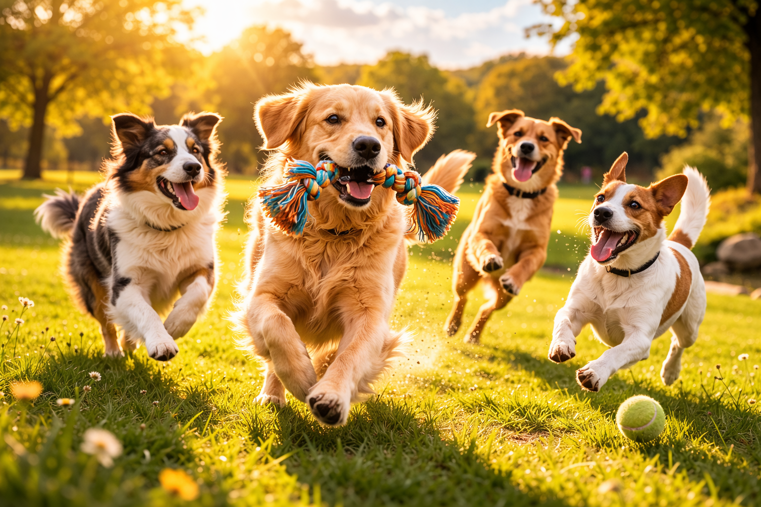 Fyra hundar som springer och leker på en solig äng 