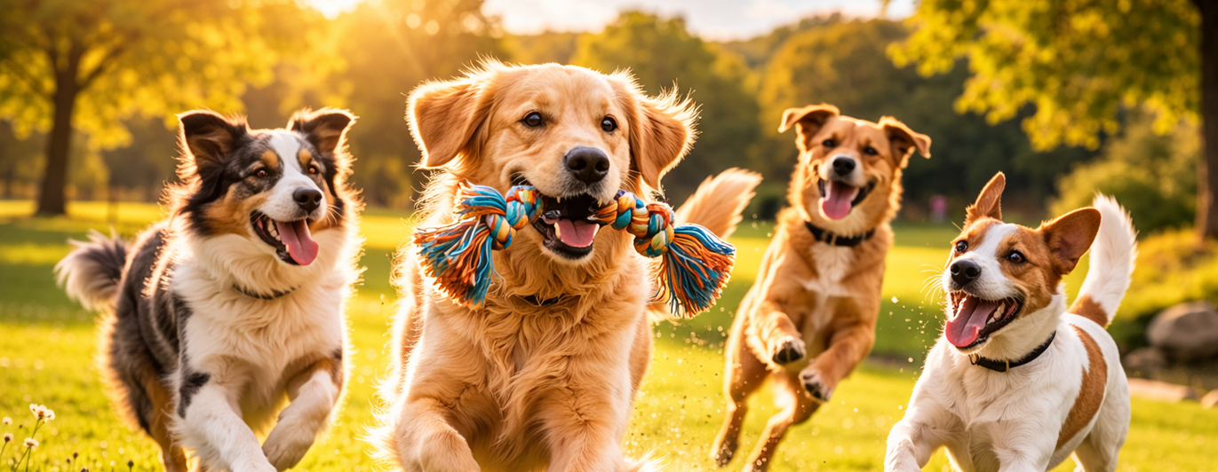 Fyra hundar som springer och leker på en solig äng