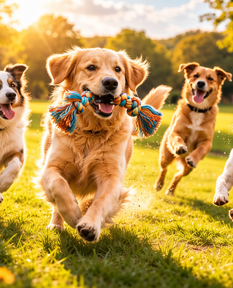 Fyra hundar som springer och leker på en solig äng