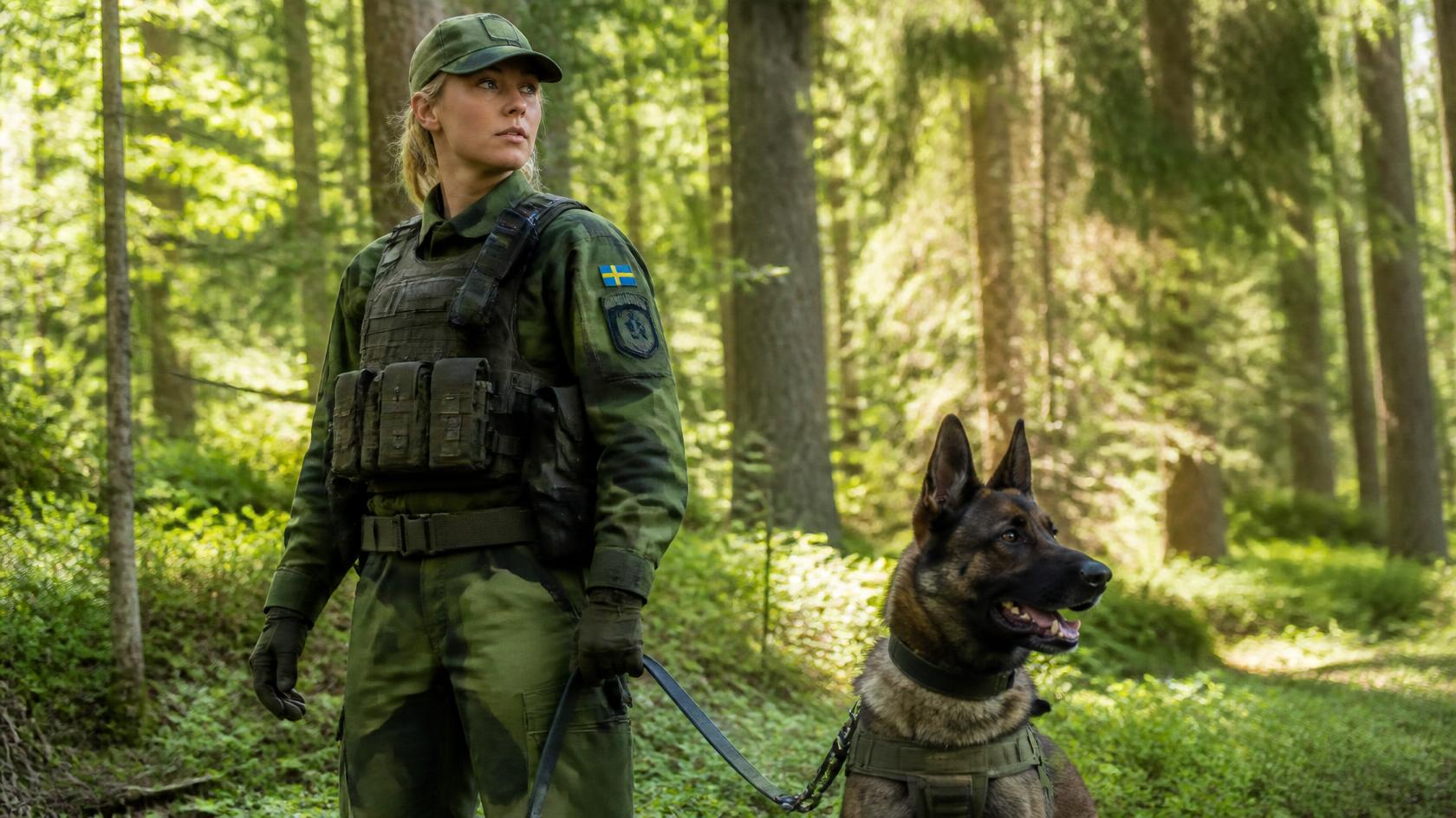 Soldat med sin hund jämte