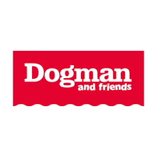 Dogman logga. Röd bakgrund med vit text