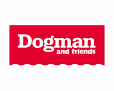 Dogman logga. Röd bakgrund med vit text