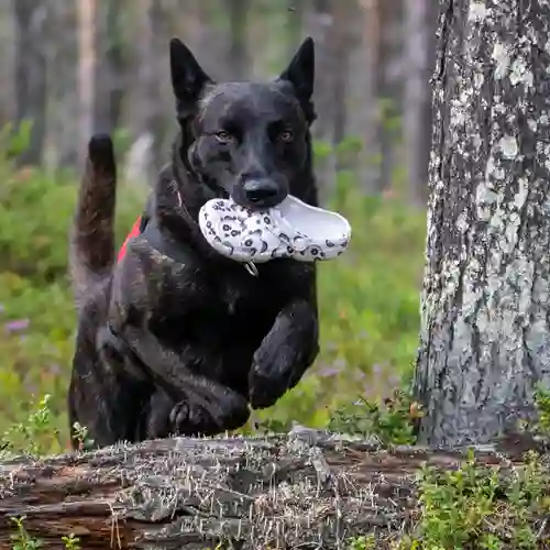 Hund med uppletandeföremål som hoppar över en gren i spårskog